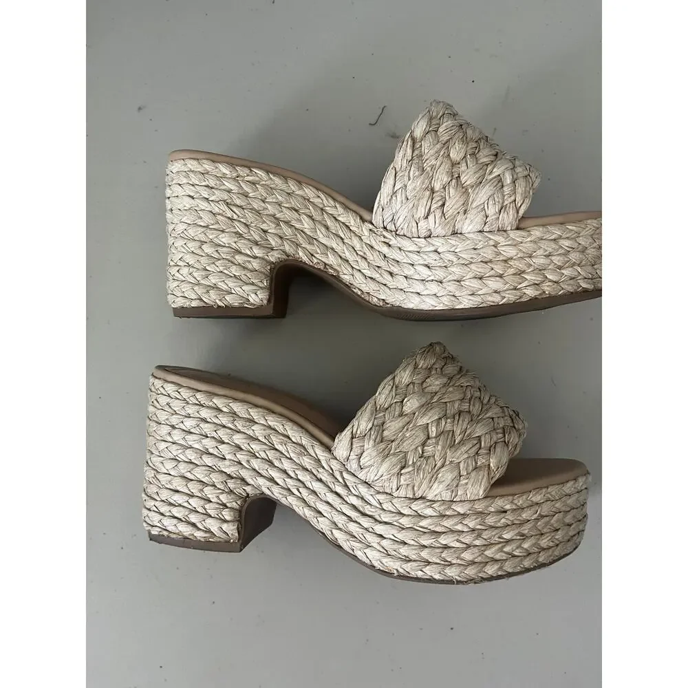 RAYE Gable Raffia Platform Wedge Slide Sandals Natural Size 6.5